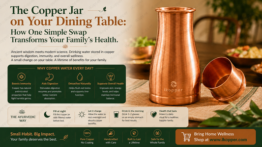 Copper jar on dining table family meal iKopper water serving jug