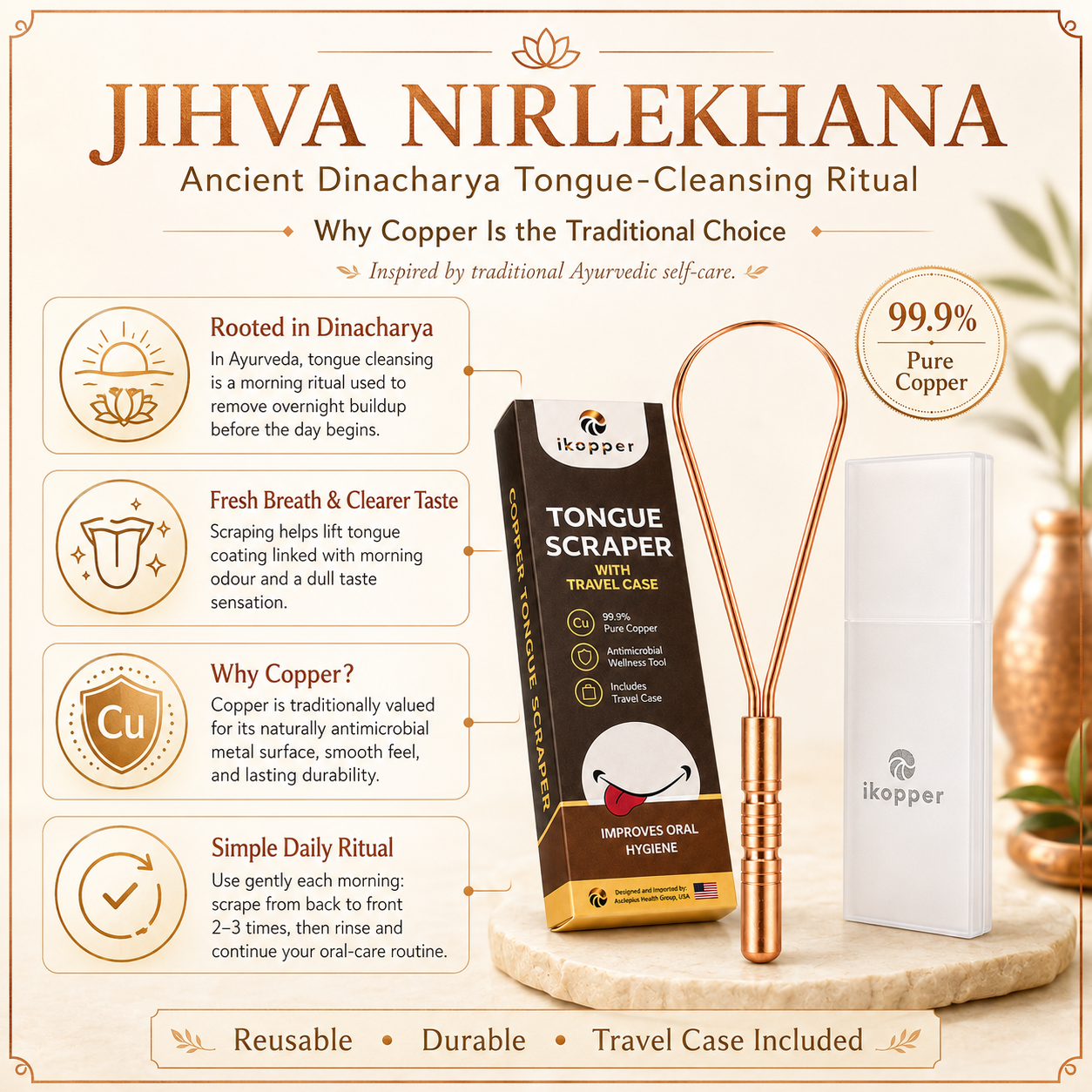 iKopper Pure Copper Tongue Scraper | Fresher Breath & Improved Oral Health I Ancient Ayurvedic Ritual | Eco-Friendly | Travel Case included